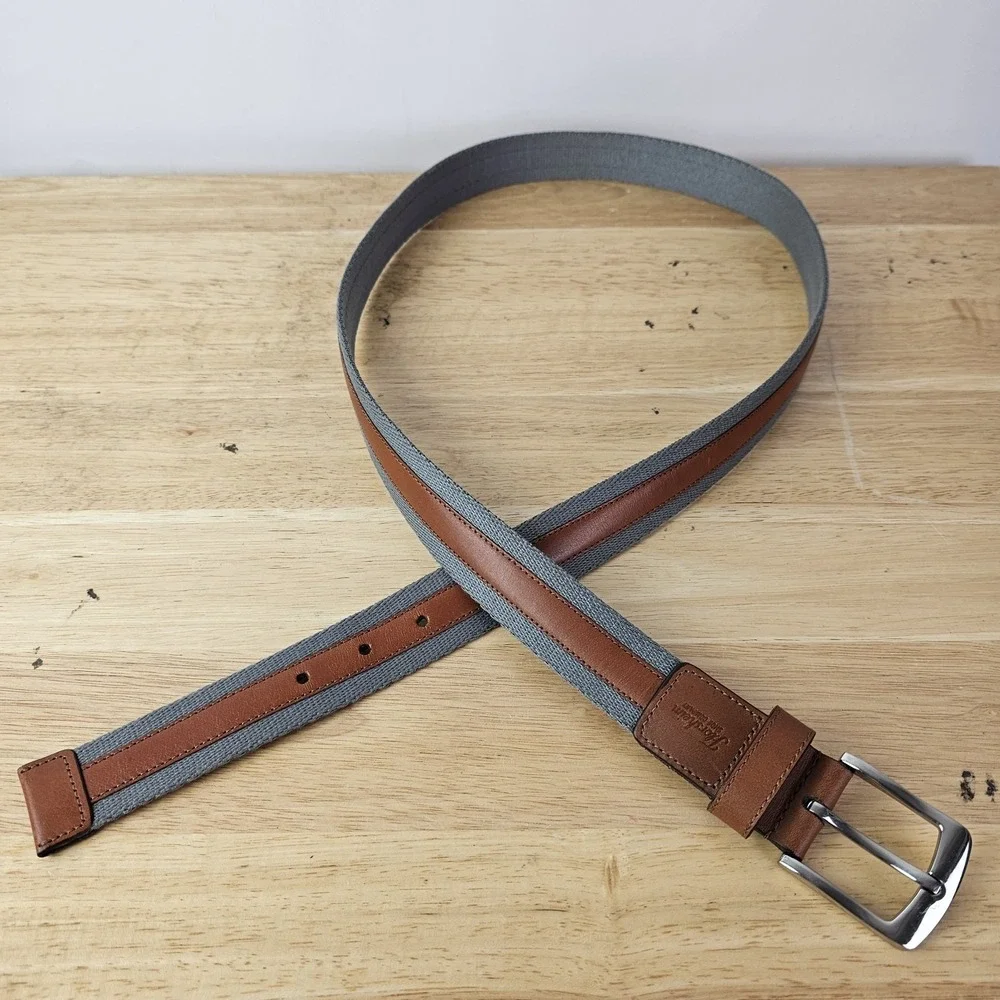 Florsheim Mens Brown Leather Gray Cotton Belt 42 Silvertone Buckle Preppy Office